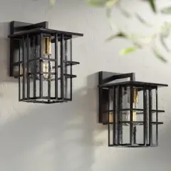 Possini Euro Design Arley Modern Industrial Outdoor Wall Light Fixtures Set of 2 Black 12" Seedy Glass for Post Exterior Barn Deck House