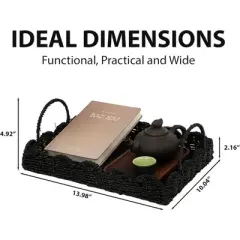 BRINJOY 14" Woven Seagrass Tray with Scalloped Edge - Bohemian Decorative Tray with Handles for Coffee Table Ottoman Festive Decor, Black