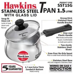 Hawkins 1.5L Stainless Steel Sauce Pan with Glass Lid: Induction & Gas Compatible, Hand Wash, 1 Year Warranty