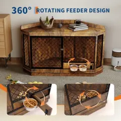 52 Inch Corner Dog Crate Furniture with Rotating Feeder, Wooden Dog Kennel End Table with Mesh Decorative Pet Crate Indoor Use Dog Cage TV Stand