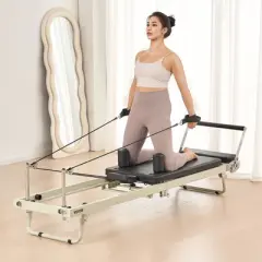 VEVOR Foldable Pilates Reformer, Pilates Workout Machine, Pilates Bed with Dual Resistance- Spring & Cord, Up to 400 LBS, Grey&Black