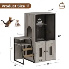COZONY 41" Tall Cat Litter Box Enclosure for 2 Cats &mdash; Double Cat House with Storage, Hammock, Metal Mesh Door & Multifunctional Furniture