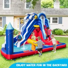 Tangkula Inflatable Water Slide Park Dolphin Theme Kids Bounce House w/ Long Slide 2 Splash Pools Climbing Wall (Without Blower)