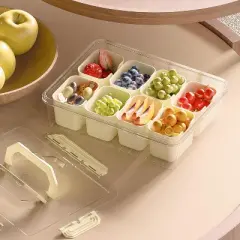 Snackle Box Container, Portable 8-Compartment Snack Box with Lid & Handle, Clear Serving Tray Organizer for Fruit, Candy, Nuts, Veggies, Travel, Party