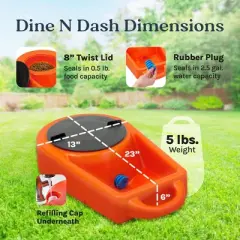 Dakota 283 Dine N Dash Weatherproof Large On-the-Go Travel Feeding and Water Storage System Pet Bowl with 8'' Twist Lid, Orange