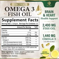Fish Oil 2400 mg - Triple Strength Fish Oil Supplement for Healthy Heart Support - 60 Softgels;120 Softgels