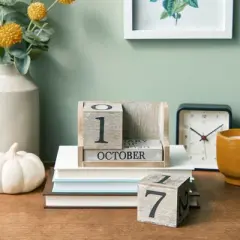 Juvale Wooden Perpetual Block Calendar for Desk, Wood Month Date Display Blocks Rustic-Style Farmhouse-Themed Office Decor, 5 x 4 In