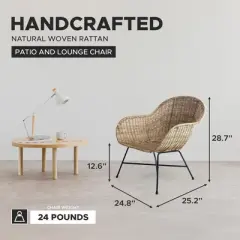 texxture Ormond Woven Rattan Patio and Lounge Chair, Indoor Outdoor Accent Furniture for Table or Porch with Metal Legs, Natural