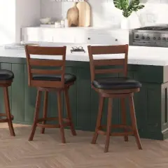 Merrick Lane 24" Classic Wooden Ladderback Swivel Counter Height Stool with Upholstered Padded Seat and Integrated Footrest