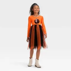 Girls' Adaptive Long Sleeve Sequin Halloween Tulle Dress - Cat & Jack&trade; Orange