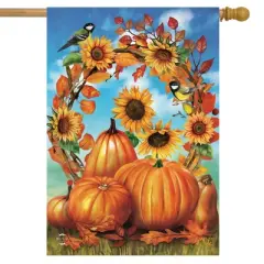 Briarwood Lane Autumn Wreath Still Life House Flag Fall Sunflowers Pumpkins 28" x 40"