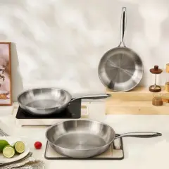 VEVOR Tri-Ply Stainless Steel Frying Pan, 3 Pcs Set (8, 10, 12 in), Cooking Skillet with Heat-Resistant Handle, Silver