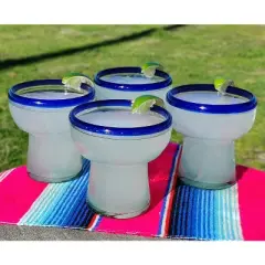 Dos Sue&ntilde;os Mexican Hand Blown  Stemless Margarita Glasses - Blue Rim - 14oz - Set of 4