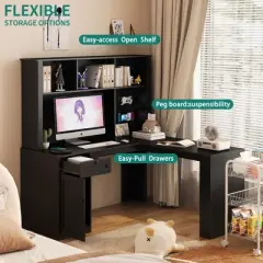 Corner Desk, L Shaped Gaming Computer Desk With Hutch, Drawers, Pegboard And Storage Shelves, With Adjustable Color LED Light And Charger