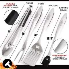 Tipsee Chef BBQ Tool Set - 4pc Grill Set - Spatula, Tongs, Fork & Brush