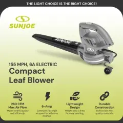 Sun Joe Electric Powered Leaf Blower, 6 Amp Motor & 155 MPH Air Speed, SBJ597E-GRY