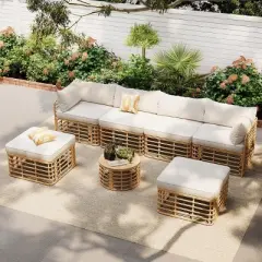 Outdoor 7-Pieces Sectional Sofa Set, All-Weather Rattan Sofa Set with Coffee Table, Freely Combined Sofa with Polyester Cushions&ndash;Cuddlewood