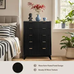 Tall Dresser, Wood Chest Of Drawers, 5 Drawer Waveform Fluted Panel Dresser, Modern Dressers for Storage Drawers, for Living Room, Bedroom, Hallway