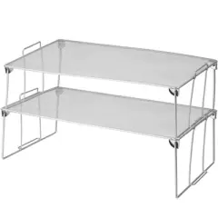 YBM Home Stackable and Foldable Silver Steel Mesh Storage Rack Shelf, Pack of 2