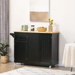 HOMCOM Triple-Cabinet Rolling Kitchen Island on Wheels, Kitchen Cart with Storage Shelf Adjustment, Rolling Utility Cart Wood, Big Drawer, Black