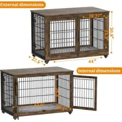 Gikpal Wooden Dog Crate Furniture, Stylish Dogs Kennel for Small to Extra Large, Double Door & A Cushion & 360&deg;Wheel, Metal, Chew-Proof, Dog Cage