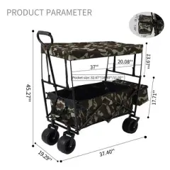 Collapsible Garden Cart with Removable Canopy, Extra Large Folding Utility Wagon Carts with 7" Wheels, 360 Degree Swivel Wheels & Adjustable Handle
