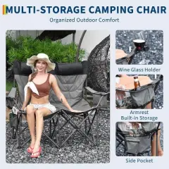 Oversized Double Folding Camping Chair,Heavy Duty Outdoor Padded Portable Chair for 2 Person with Cup Holder