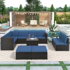 9pc Wicker Patio Sectional Seating Set with Cushions - Brown/Blue - GODEER