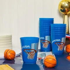 Blue Panda 16 Packs Plastic 16 oz Party Cups Basketball Reusable Tumblers for Kids Birthday Blue