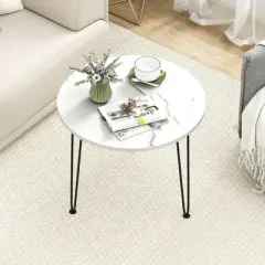Tangkula Small Round Coffee Table w/ Thickened Tabletop & Metal Tripod Legs Faux Marble White
