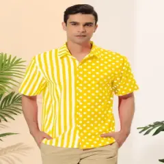 Lars Amadeus Men's Summer Stripe Polka Dots Short Sleeves Button Patchwork Hawaiian Shirt