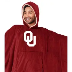 NCAA Oklahoma Sooners Team Color Bloncho with Logo Patch and Faux Shearling Inside Throw Blanket