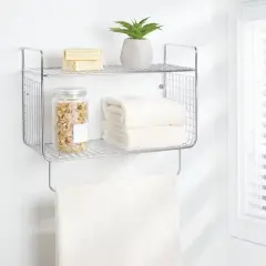 mDesign 2 Tier Storage Organizer Bath Shelf with Towel Bar, Wall Mount
