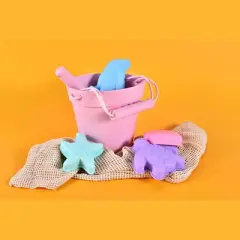 Link Ready! Set! Play! Silicone Beach & Pool Toy 7pc Set For Travel Easy To Clean Bucket Shovel 4 Sands Molds For Toddlers & Babies Carry Bag Included