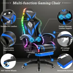 Hoffree Upholstered Massage Racing Gaming Chair Ergonomic Office PC Chair with Footrest & RGB Light