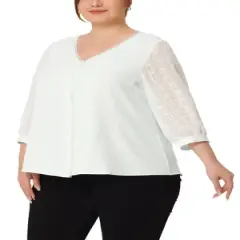 Agnes Orinda Women's Plus Size Spring Elegant Lace Sleeve Button-Down Blouse