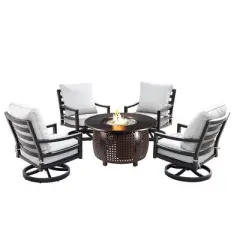 5pc Outdoor Fire Table Set with Weave 44" Round Fire Table, 4 Deep Seating Swivel Rocking Chairs & Table Fabric Covers - Oakland Living