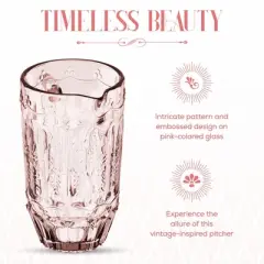 Elle D&eacute;cor Vintage Glass Pitcher, Water Carafe Jug for Iced Tea, 43.9 OZ, Pink