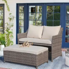 Sunsitt 2pc Wicker Outdoor Patio Wicker Loveseat and Coffee Table Set with Built-in Storage Bin