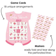 Big Dot of Happiness Little Princess Crown - Picture Bingo Cards and Markers - Pink and Gold Princess Baby Shower Shaped Bingo Game - Set of 18