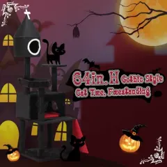 Sandinrayli 64" Gothic Cat Tree with Coffin Bed, Multi-Level Heavy Duty Goth Cat Tower for Indoor Kittens, Black