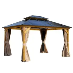 Erommy 11'x13' Hardtop Gazebo, Wood Gazebo with Double Polycarbonate Hardtop Roof