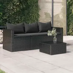 vidaXL 3-Seater Patio Sofa with Cushions Black Poly Rattan