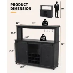 Coffee Bar Cabinet 55", Large Kitchen Hutch,Built-in Power Outlet, Tall Buffet Cabinet with Barn Sliding Door, Wine Glass Rack & Ample Storage