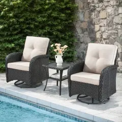 POCASSY Black Wicker Patio Furniture Set Outdoor Swivel Rocker Patio Glider Chairs Set of 2 with Side Table for Porch Balcony in Beige Cushion