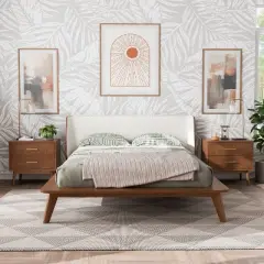 HOMES: Inside + Out 3pc Queen Riverstone Mid-Century Boucle Platform Bedroom Set with 2 Nightstands Walnut
