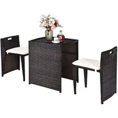 Costway 3PCS Outdoor Patio Rattan Furniture Set Space Saving Garden Deck W/Cushion No Assembly