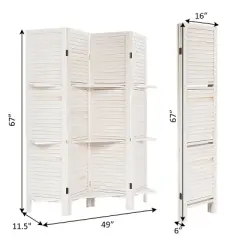 Costway 4 Panel Folding Room Divider Screen W/3 Display Shelves 5.6 Ft Tall WhiteNatural