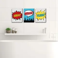 Big Dot of Happiness Bam Superhero - Kids Bathroom Rules Wall Art - 7.5 x 10 inches - Set of 3 Signs - Wash, Brush, Flush