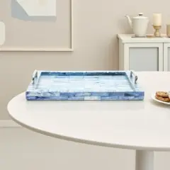 SEVOBAL Serving Platters 2 Set Handcrafted Checkered Serving Trays with Elegant Bone and Resin Set with Handles for Dining, Blue, 18"*11"*2.5"